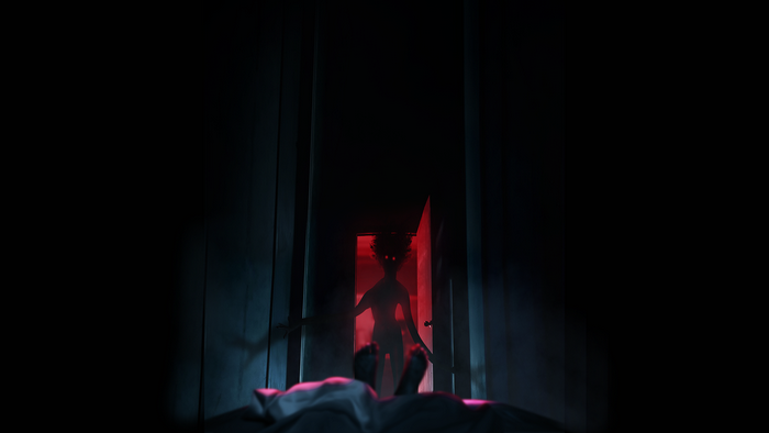 Creature with glowing red eyes in a doorway