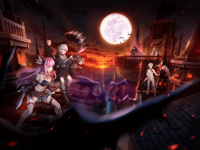 Epic Seven characters on a gothic rooftop at sunset