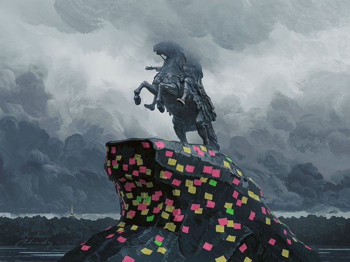 Statue of Peter the Great covered in post-it notes