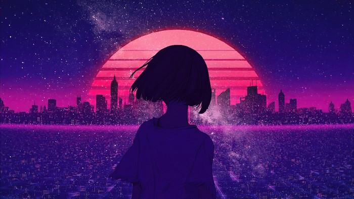 Anime girl in synthwave city at sunset