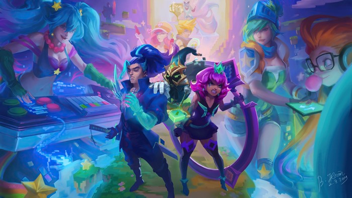 League of Legends characters in a vibrant, digital world