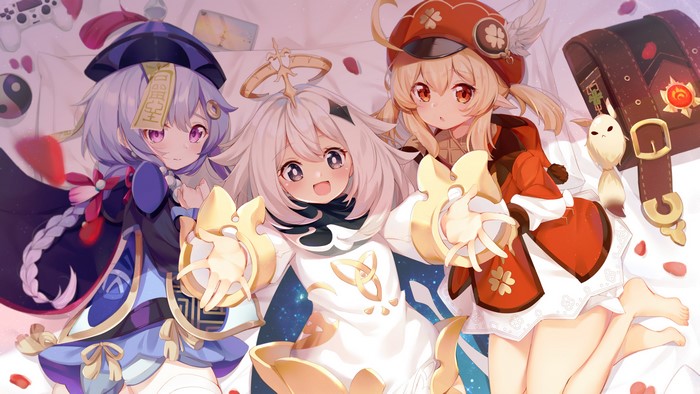 4K Genshin Impact: Qiqi, Paimon, and Klee in bed