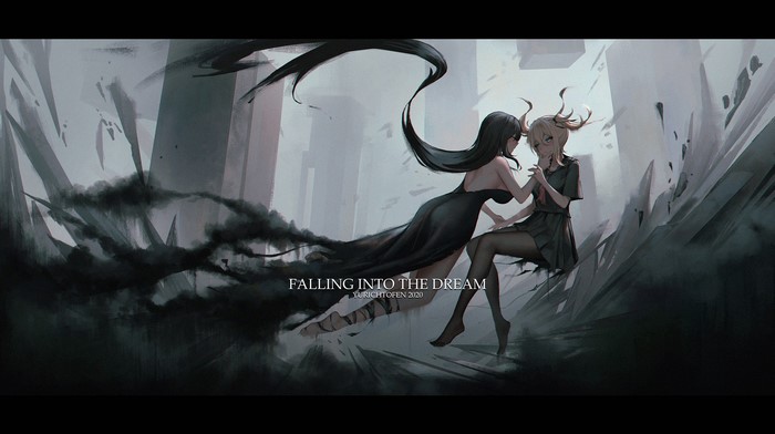 Two anime girls in dark dresses, "Falling Into The Dream"