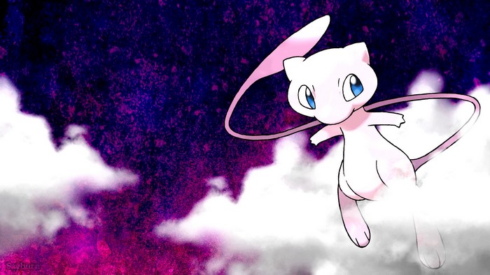 Mew from Pokémon in a purple galaxy