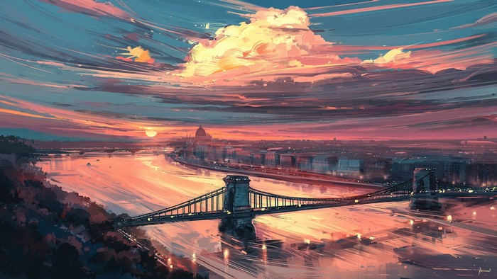 Budapest cityscape with Chain Bridge at sunset