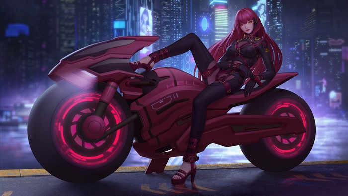 Lancer (Fate/Grand Order) on a futuristic motorcycle in a cyberpunk city