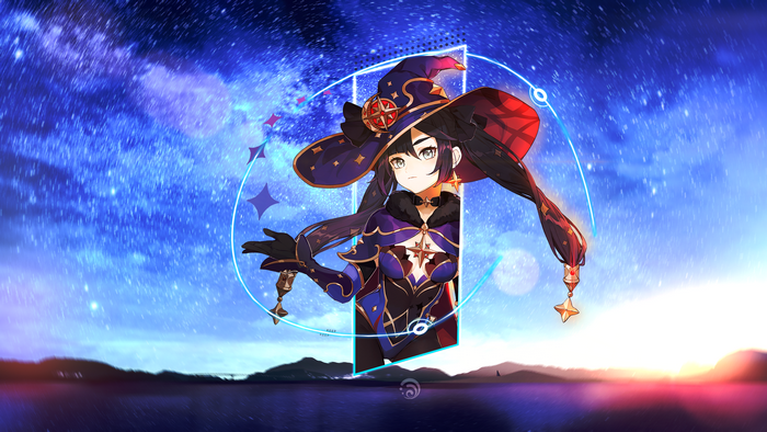 Mona from Genshin Impact against a starry sky