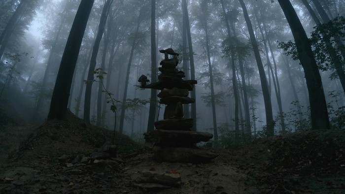 Stone cairn in a misty beech forest at dusk