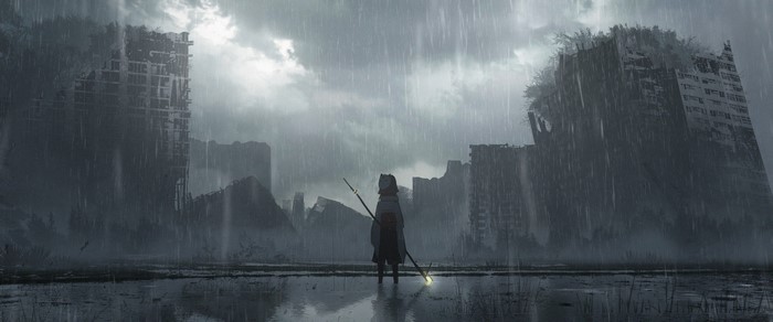 Anime girl with staff in ruined city during rain