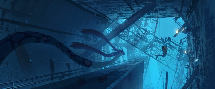 Underwater scene with Pokémon and industrial structures