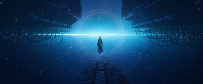 Anime girl standing in a blue cosmic landscape
