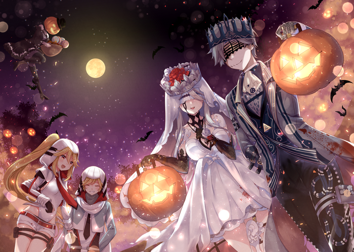 Anime characters in Halloween costumes with Jack O Lanterns