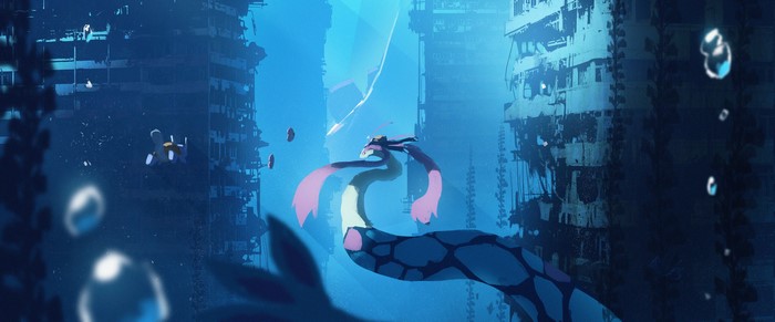 Milotic and Wartortle from Pokémon in underwater ruins