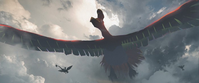 4K Pokémon Ho-Oh and Sigilyph flying in clouds