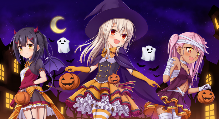 Chloe, Illya, and Miyu from Fate/kaleid liner Prisma Illya in Halloween costumes