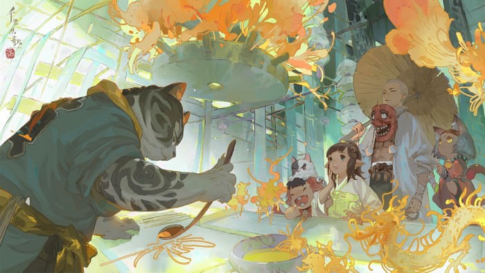Cat chef and friends in a fantastical setting