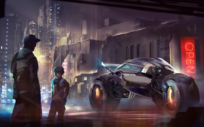 Cyberpunk city street with futuristic car and two figures