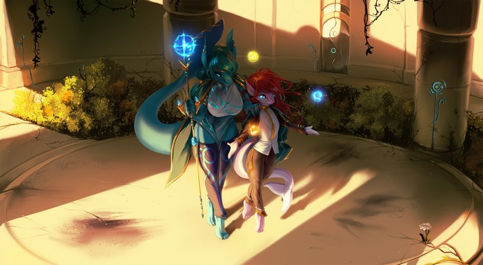 Two anthropomorphic dragons with magic staffs in ruins