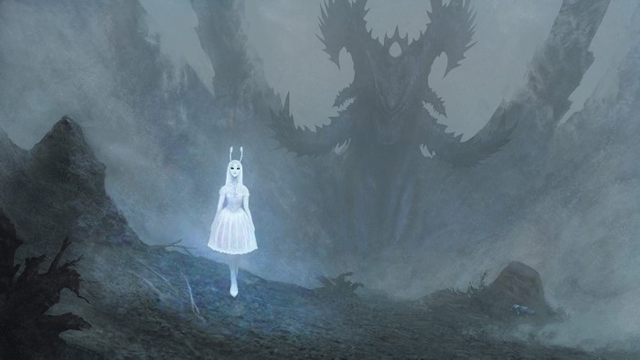 Fantasy girl with bunny ears and a dragon in fog