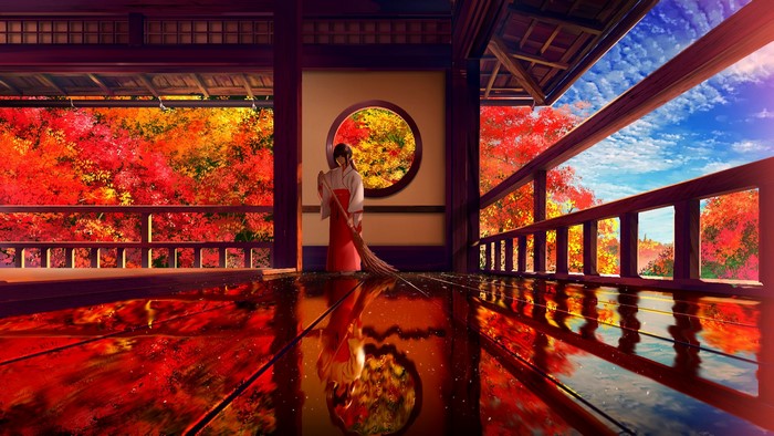 Anime girl in kimono sweeping on a balcony with autumn trees
