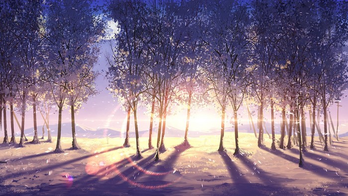 Digital painting of trees at sunrise in winter