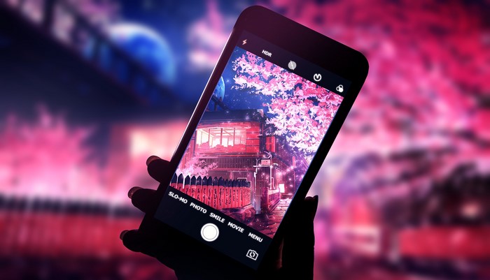 Anime scene of a house with cherry blossoms at night