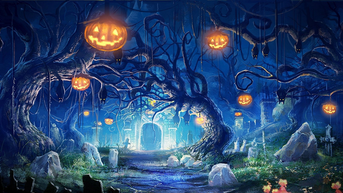 Halloween graveyard with Jack O Lanterns and bats