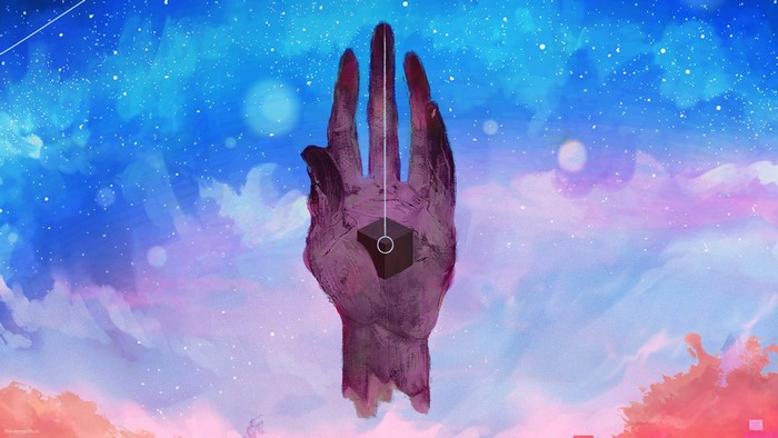 Porter Robinson's hand holding a cube in a starry sky