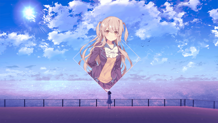 Anime girl in school uniform over a sea landscape