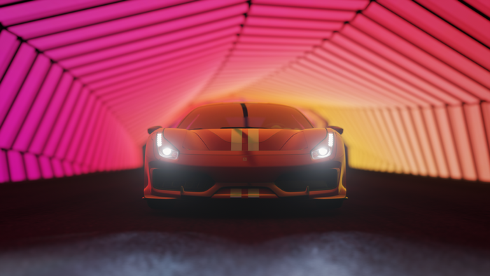 Ferrari 488 Pista in a neon tunnel