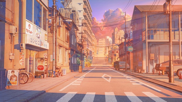 Anime street scene with buildings and cars at sunset