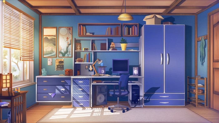 Anime room with desk, computer, and wardrobe