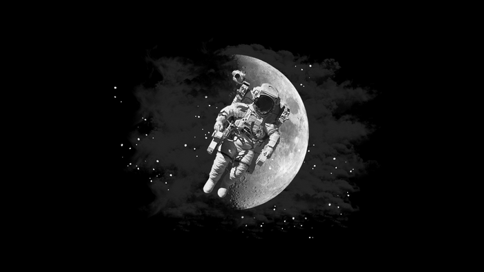 Astronaut floating near the Moon with stars