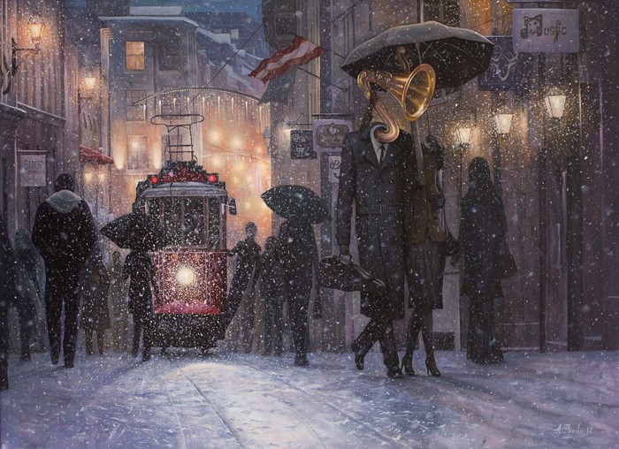 Surreal winter street scene with a man with a saxophone head