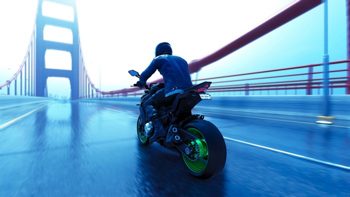 Kawasaki Z1000 motorcycle on a bridge in The Crew 2