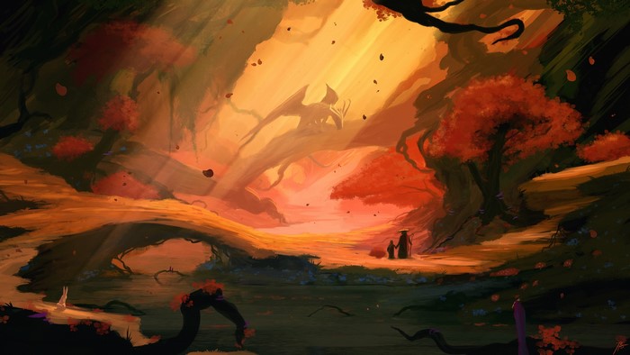 Dragon in a fantasy forest with two figures
