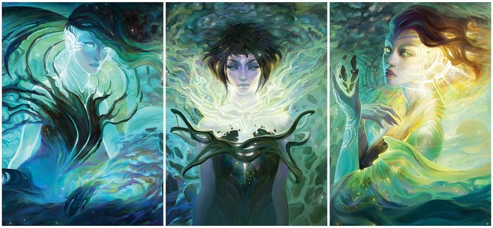 Three women with ethereal glow in fantasy art