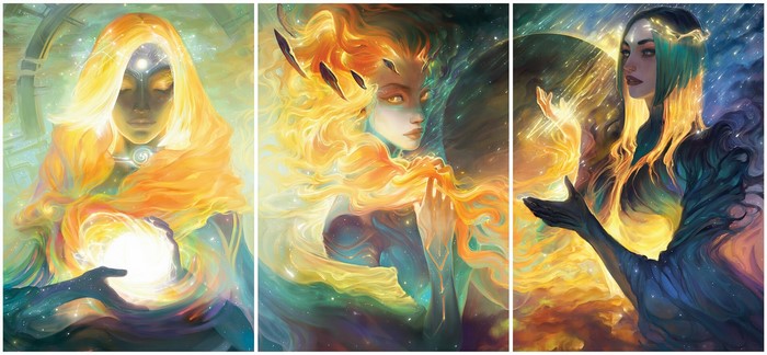 Three fantasy women with magical energy