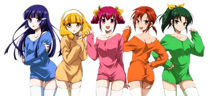 Five girls from Pretty Cure wearing sweaters