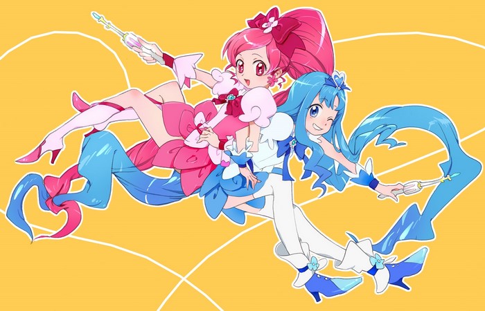 Two magical girls from Pretty Cure with wands