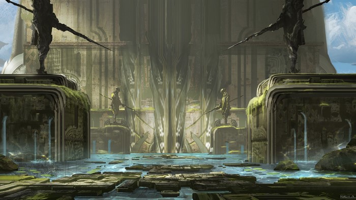 Ancient ruins with statues and water