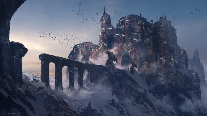 Snowy mountain fortress with ancient ruins and birds