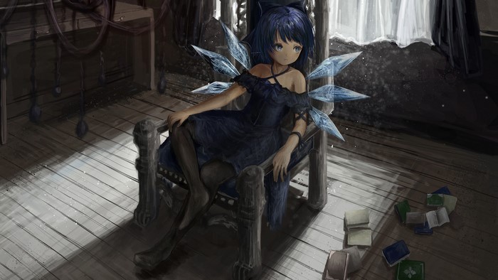 Cirno from Touhou sitting on a chair with books