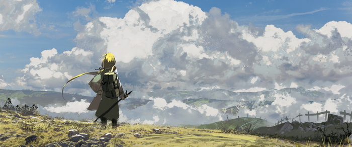 Anime girl with backpack and sword on a hill