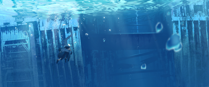 Anime characters underwater near a sunken structure