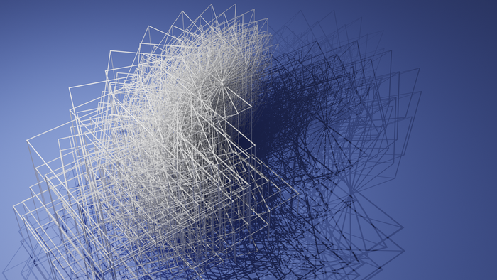 Abstract 3D geometric wireframe structure on blue background