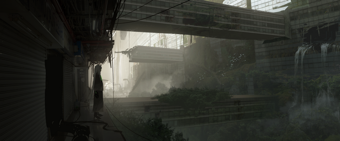 Anime girl in abandoned city with overgrown nature