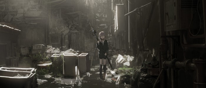 Anime girl with a spear in a ruined city