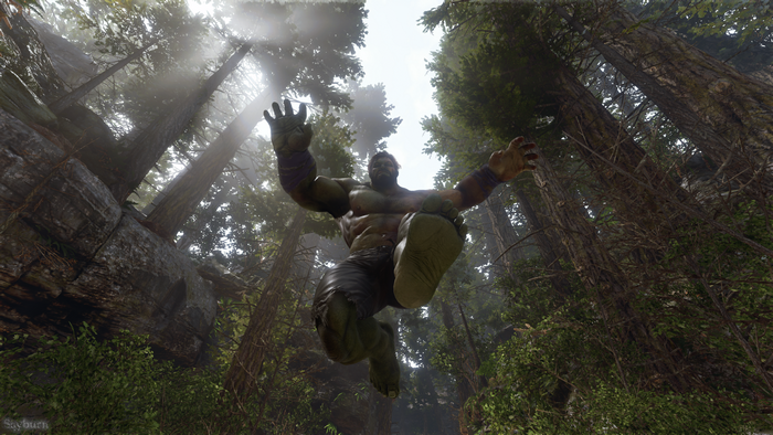 Hulk jumping in a forest from a low-angle view