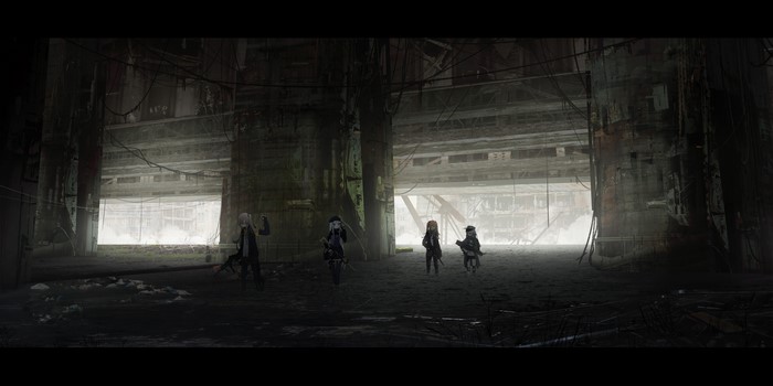 Girls Frontline characters in a ruined building